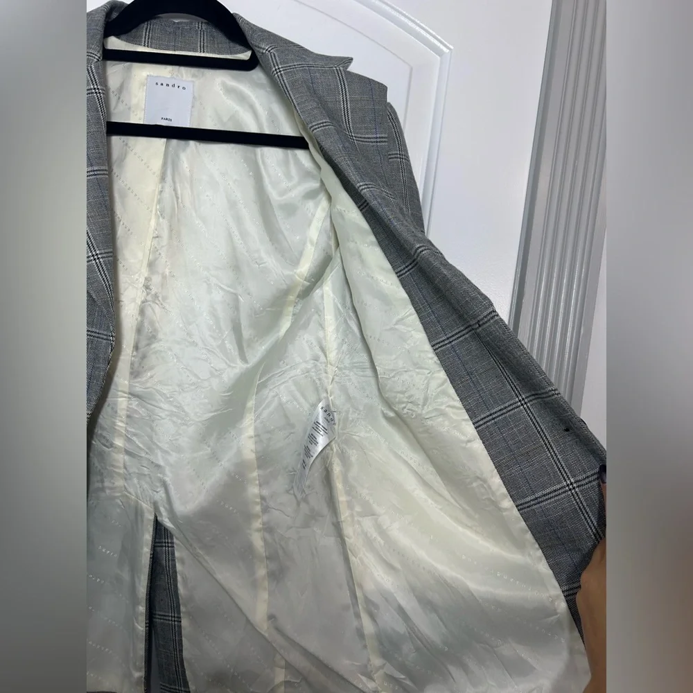 SANDRO Reynald Two-Button Plaid Blazer Gray Size 36 Preppy Academia Minimalist - Picture 10 of 15
